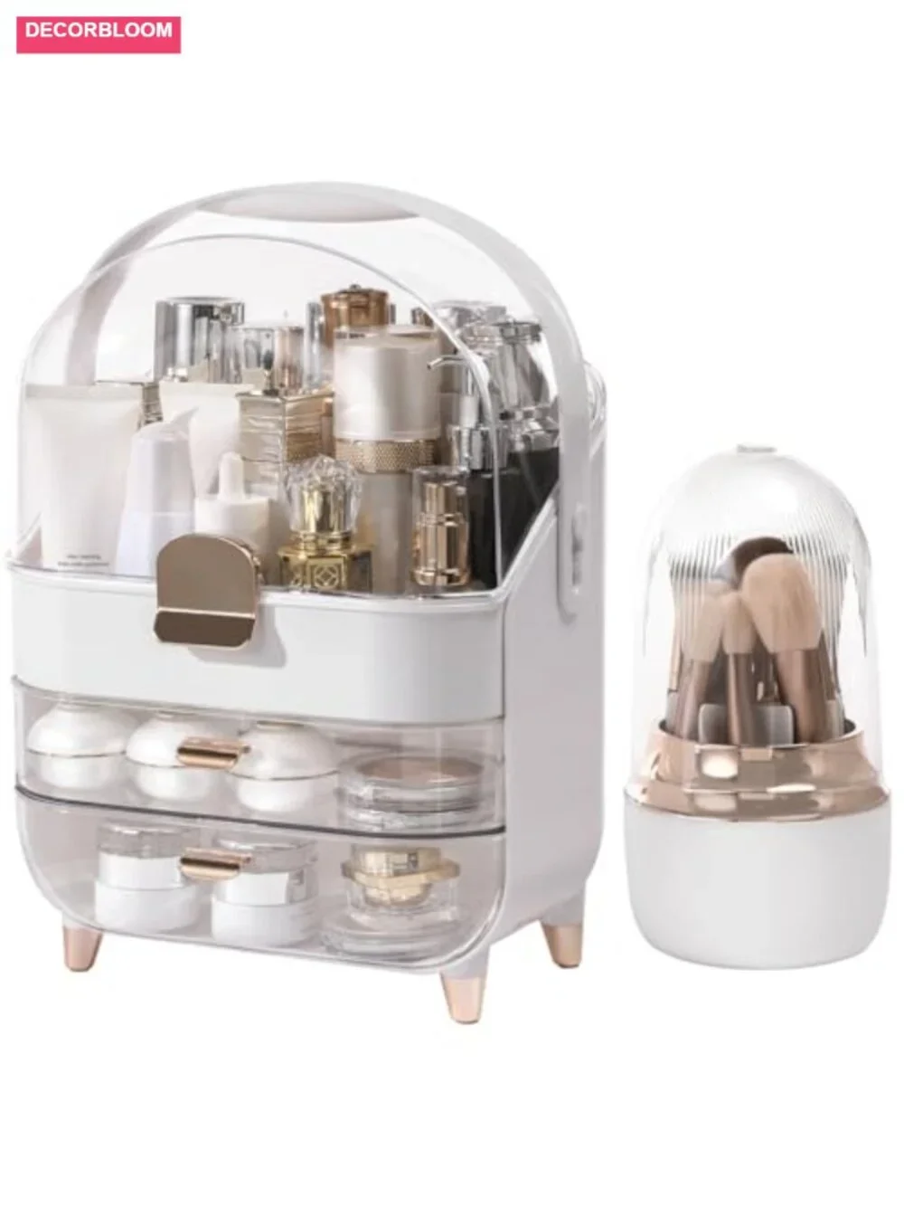 Large Capacity Makeup Organizer with Rotating Brush Holder, Dustproof Lid, 2